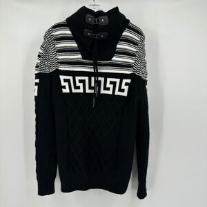 Mens Black Knit Pullover Sweater Size L Greek Key Lodge Nordic Toggle Neck